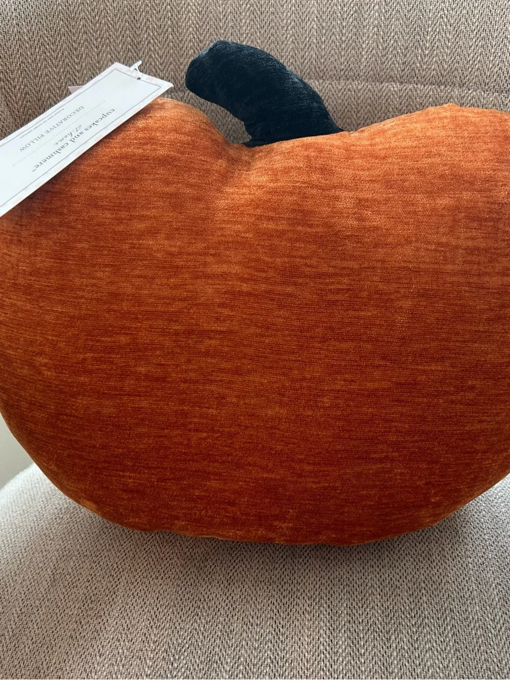 “New” Cupcakes & Cashmere Orange Jack-o-lantern Pillow with Black Stem